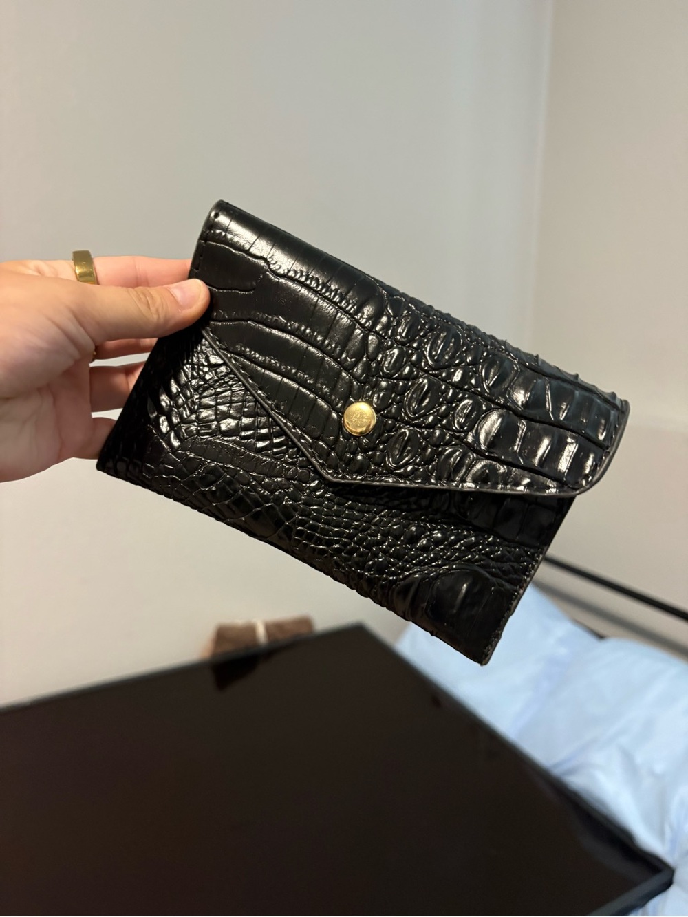 Black Croc-Embossed Envelope Clutch - Unbranded